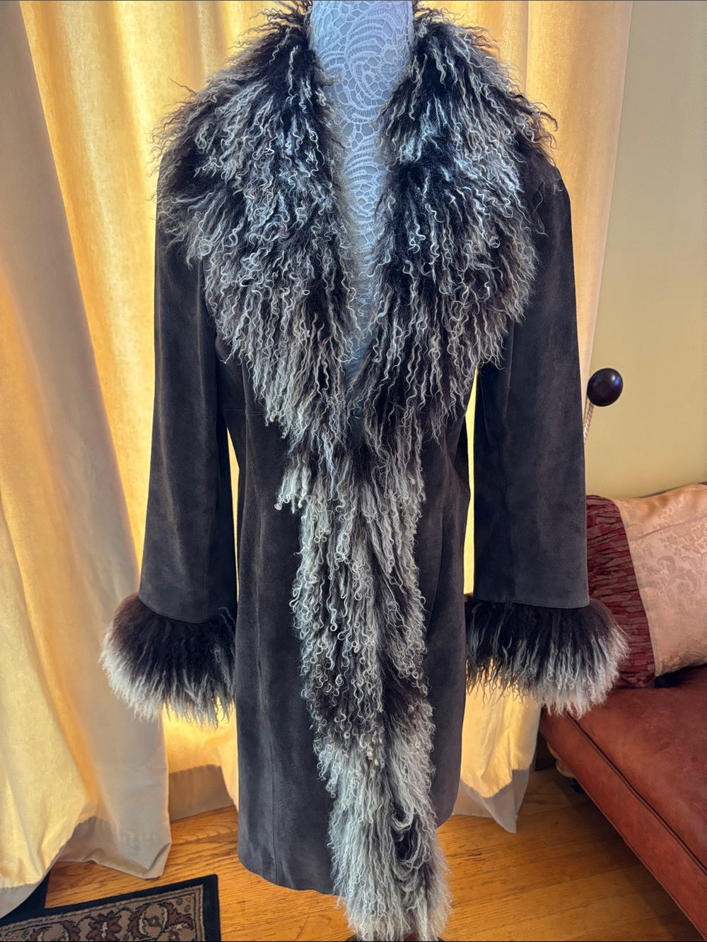 Women's bebe Dark Brown Suede Coat with tan Shearling Trim
